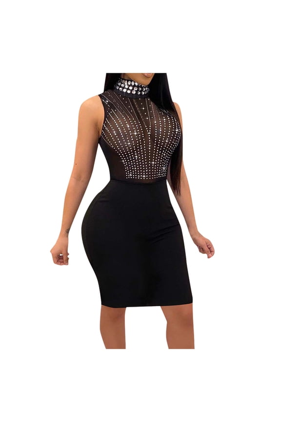 Womens DressesFashion Women Solid Diamonds High Collar Sleeveless See-through Dress