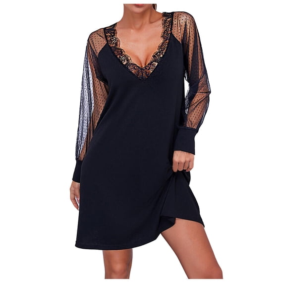 Babysbule Womens DressesWomen's Fashion V Neck Mesh Long Sleeve Lace Mini Dress