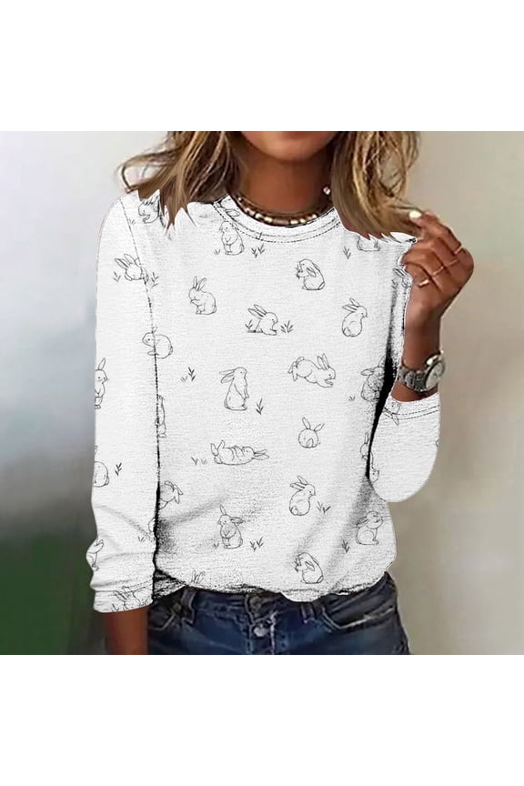 Womens Easter Day Shirts Women's Easter Printed Round Neck Pullover Long Sleeved Casual Women's Blouses