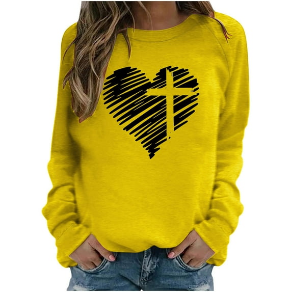 Babysbule Womens Easter Day Tops Fashion Women's Casual Cross Printed Long Sleeve Round Neck Printed Women's Sports Shirt Tops