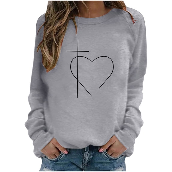 Babysbule Womens Easter Day Tops Fashion Women's Casual Cross Printed Long Sleeve Round Neck Printed Women's Sports Shirt Tops
