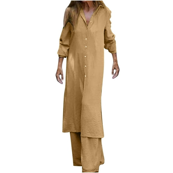 Babysbule Womens Fall Plus Top Sets Outfit Fashion Set Women's Long Sleeve Long Shirt Long Pants Large Size Women's Casual Two Piece Set Women