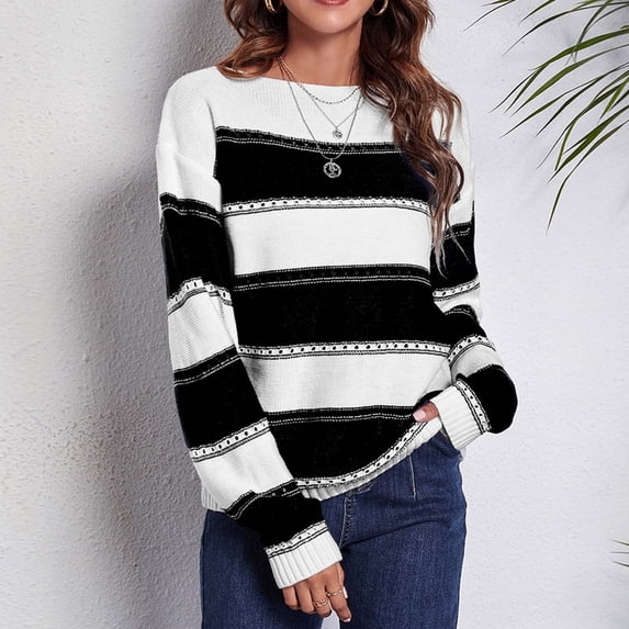 YUNAFFT Women's Fashion Sweater Clearance, Women's Round- Neck Stripe Splicing Recreational Pullover Knitting Sweater Long Sleeve Tops