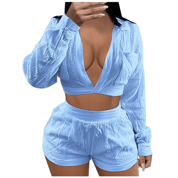 Babysbule Womens Fall Plus Top Sets Outfit Women's Fashion Color Long Sleeve Pocket Pullover White Shorts Set