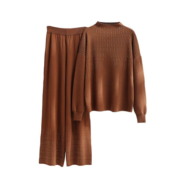 Babysbule Womens Fall Plus Top Sets Outfit Women's Fashion Solid Color Mercerization Long Sleeve Round Neck Fallow Set