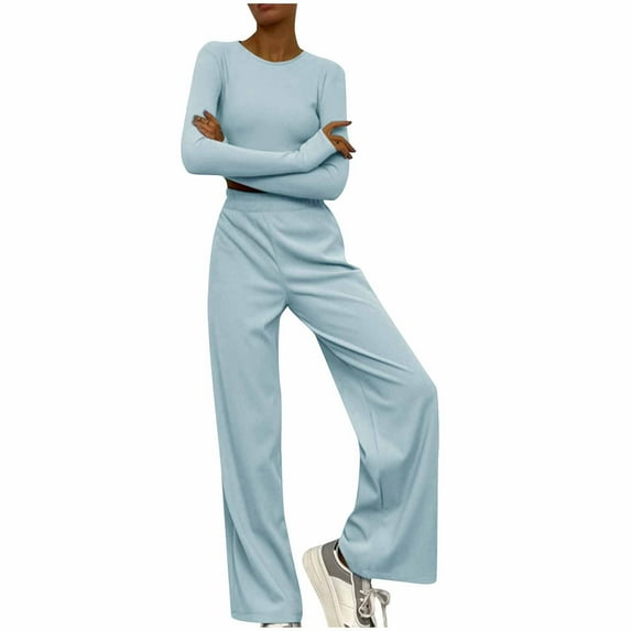 Babysbule Womens Fall Plus Top Sets Outfit Women's Long Sleeve Fashion Comfortable Casual Set Striped Pants Two Piece Set