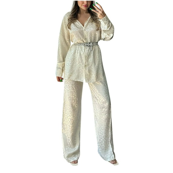 Babysbule Womens Fall Plus Top Sets Outfit Women's New Loose Long Sleeve Shirt Solid Leopard Elastic Waist Tops + Pants Set