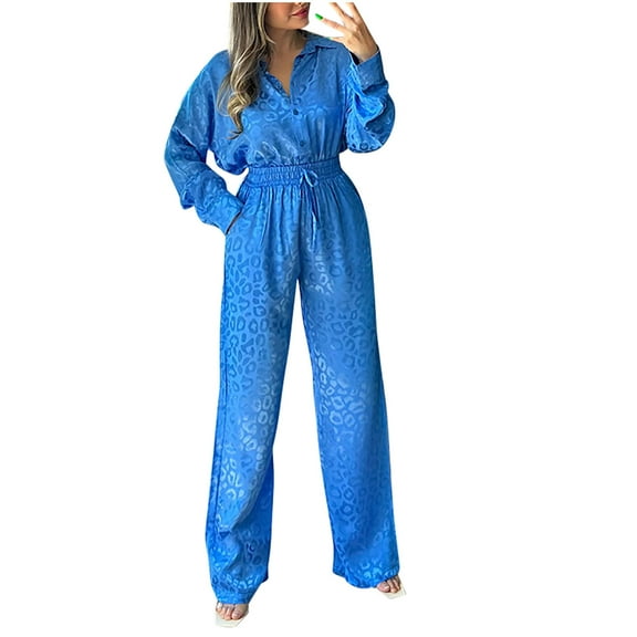 Babysbule Womens Fall Plus Top Sets Outfit Women's Loose Long Sleeve Shirt Solid Leopard Elastic Waist Tops   Pants Set