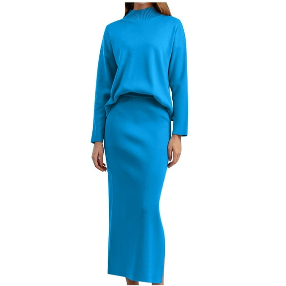 Babysbule Womens Fall Plus Top Sets Outfit Women's Round Neck Long Sleeved Wide Leg Pants Color Slit Loose Fitting Fashionable Sweater Set