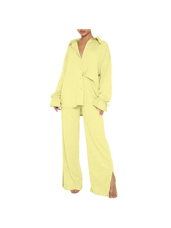 Womens Fall Plus Top Sets Outfit Women's Spring And Summer Fashion Long-Sleeved Loose Pleated Wide-Leg Pants Two-Piece Casual Suit