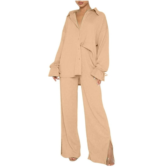 Babysbule Womens Fall Plus Top Sets Outfit Women's Spring And Summer Fashion Long-Sleeved Loose Pleated Wide-Leg Pants Two-Piece Casual Suit