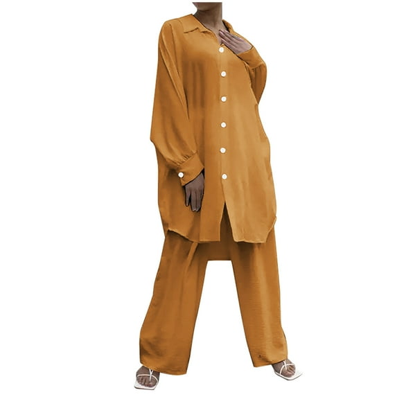 Babysbule Womens Fall Plus Top Sets Sales Fashion Women Solid Button Casual Long SLeeve Top+ Elastic Waist Pocket Pant Set