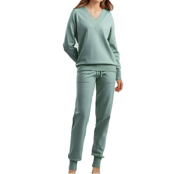 Babysbule Womens Fall Plus Top Sets Outfit Fashion Women Winter Knit Long Sleeved Pants Shirt Casual Two Piece Suit