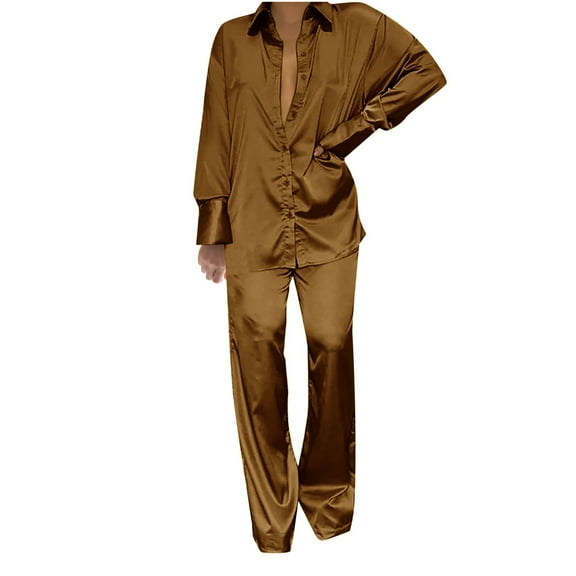 Babysbule Womens Fall Plus Top Sets Outfit Two-Piece Women's Casual Solid Turn-down Collar Long Sleeve Shirt Tops And Trousers Set Suit