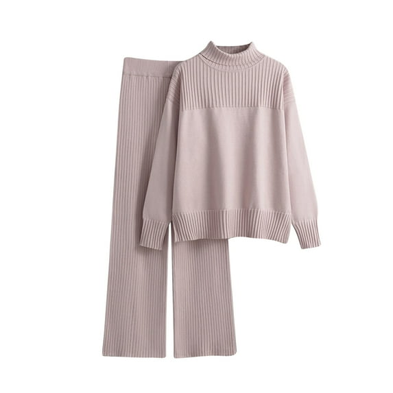 Babysbule Womens Fall Plus Top Sets Outfit Women Casual Knitted Pullover Loose Solid Color Long Sleeved High Neck Knit Sweater Wide Leg Pants Sweater Two-Piece Set