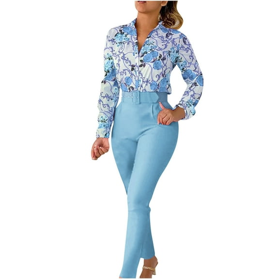 Babysbule Womens Fall Plus Top Sets Outfit Women Printing Button Long Sleeve And Elastic Waist Pockets Long Pants Two-Piece Set