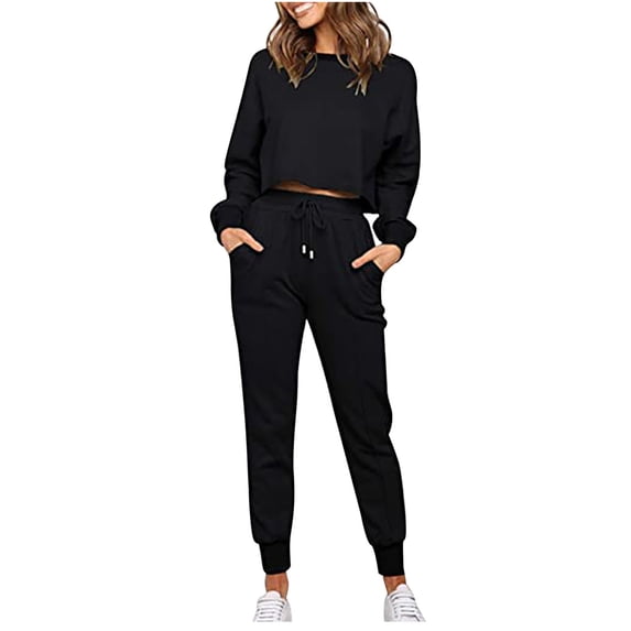 Babysbule Womens Fall Plus Top Sets Sales Women's Fashion Round-Neck Casual Set Casual Top Blouse And Pants Two-piece Sportswear