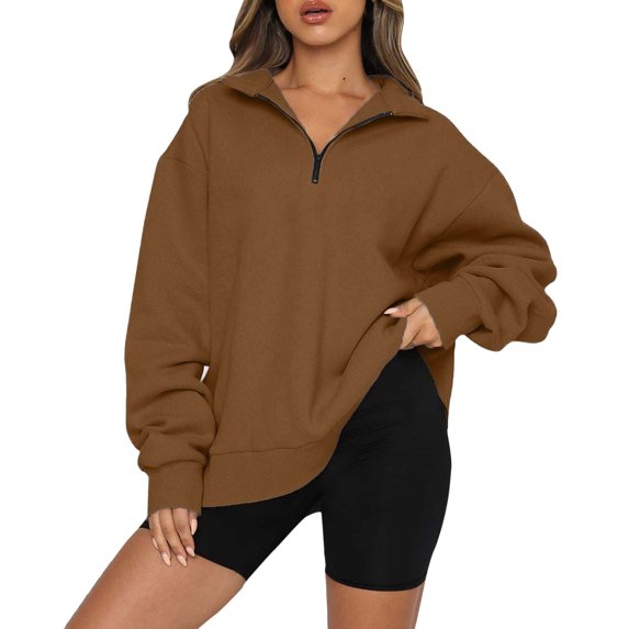 Babysbule Womens Fall Solid Deals Sweatshirts Casual Winter Lapel Zip Up Pullover Long Sleeve Quarter Zip Hoodie