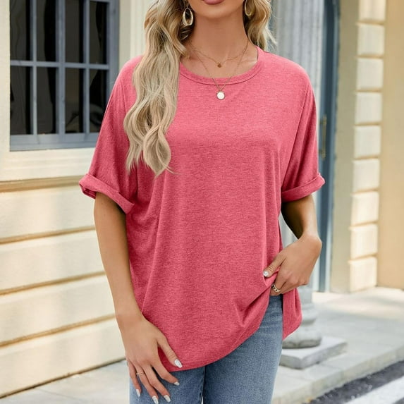 Babysbule Womens Fashion Solid Tops Short Sleeve Out Blouse Fashion Round Neck Summer T-Shirt Tops for Women