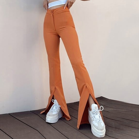 Babysbule Womens Flared Pants Womens Fashion Summer Solid Casual Button Zipper Elastic Waist Long Pants