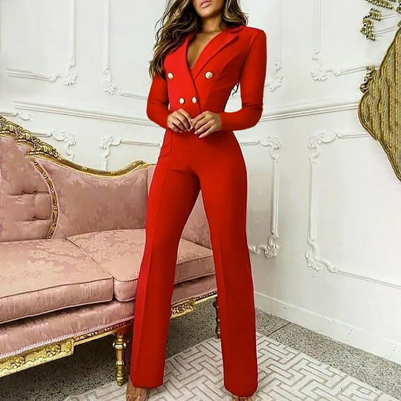 Babysbule Womens Formal Jumpsuit Pants Sets Fashion Women Cuasal Solid Buttom Long Sleeve Business Work Pants