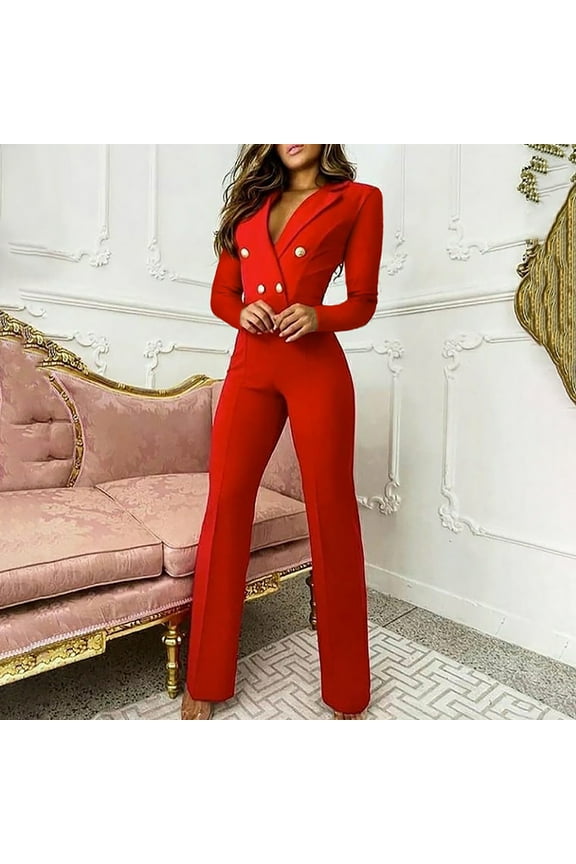 Womens Formal Jumpsuit Pants Sets Fashion Women Cuasal Solid Buttom Long Sleeve Business Work Pants