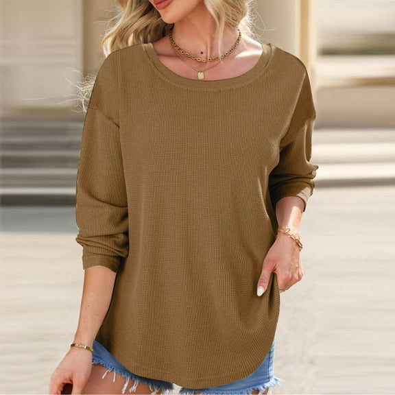 Babysbule Womens Hoodless Sweatshirt Casual Long Sleeve Lightweight Crewneck Pullover Loose Hem Solid Fall Loose Tops
