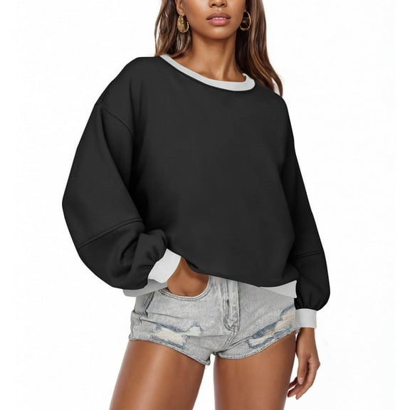 Babysbule Womens Hoodless Sweatshirt Casual Long Sleeve Lightweight Crewneck Pullover Loose Solid Contrast Loose Tops