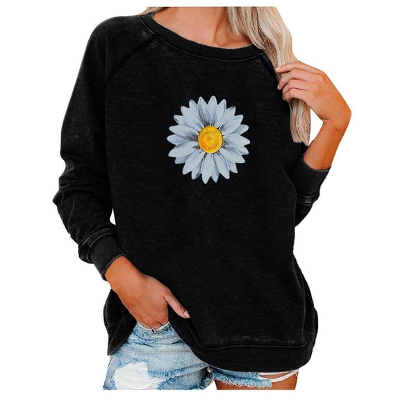 Babysbule Womens Hoodless Sweatshirt Fashion Women Print Sleeve Comfortable Breathable Round-Neck Sweatshirt