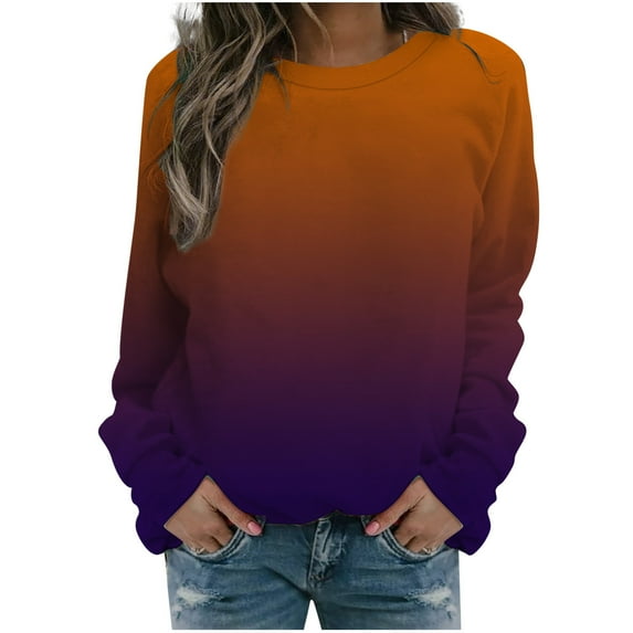 Babysbule Womens Hoodless Sweatshirt Women's Gradient Print Tops Long Sleeves Pullover Crewneck Casual Loose Sweatshirt
