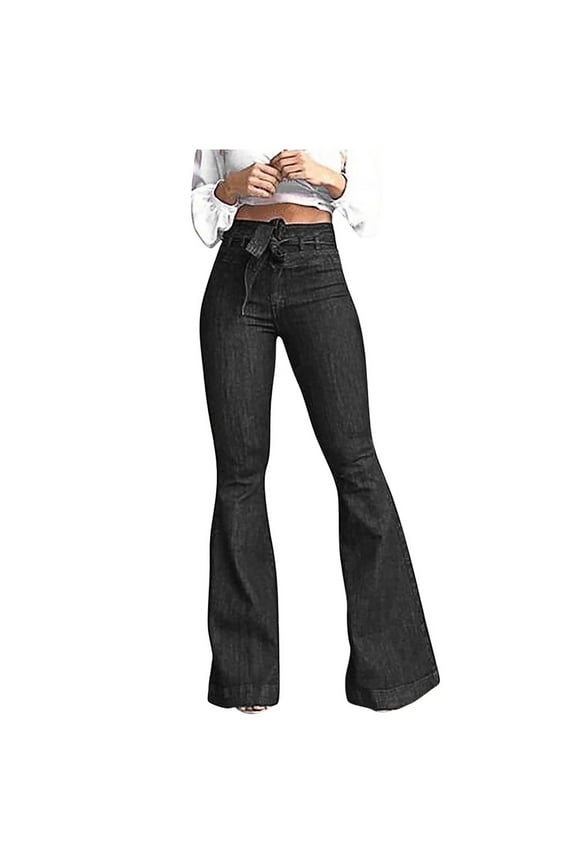 Womens Jeans Solid Color Fashion Fashion Ladys High Waisted Lacing Stretch Wide Leg Bell-Bottomed Pants