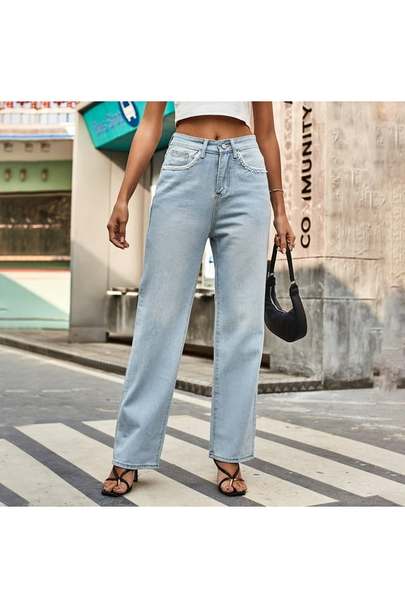 Womens Jeans Solid Color Fashion Ladies Petal Pocket Temperament Loose High Waist Washed Denim Wide-leg Jeans Trousers