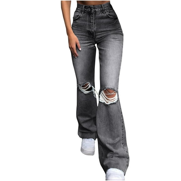 Babysbule Womens Jeans Solid Color Fashion Ladies Spring And Autumn Denim Wide Leg Pants Ripped Shrink Jeans