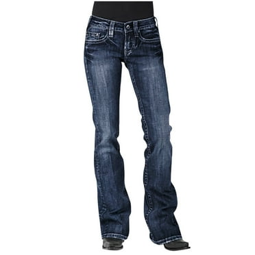 Babysbule Womens Jeans Solid Color Fashion Women Mid Waisted Denim Jeans Embroidery Stretch Button Straight Full Length Pants Jeans