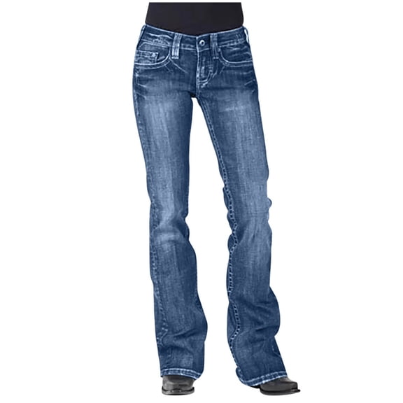 Babysbule Womens Jeans Solid Color Fashion Women Mid Waisted Denim Jeans Embroidery Stretch Button Straight Full Length Pants Jeans