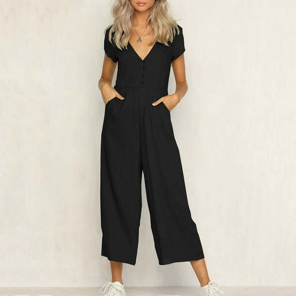 Babysbule Womens Long Pants Jumpsuit Women's Fashionable V-neck Button Cut Open Back Casual Short Sleeved Trousers