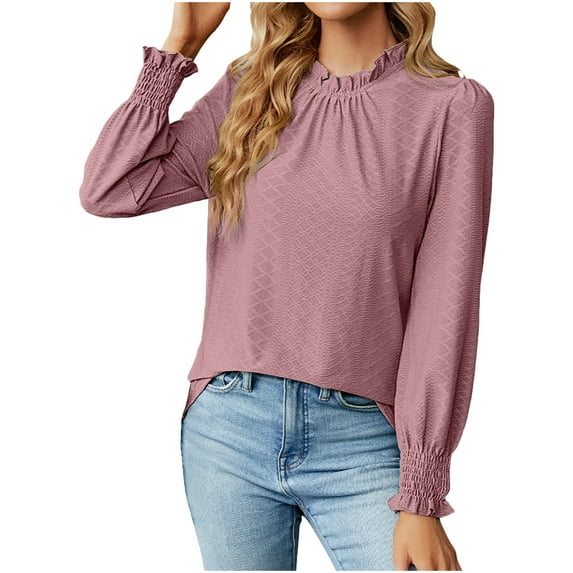 Babysbule Womens Long Sleeve Tops Women's Fashion Deep Round- Neck Solid Button Long Sleeve Blouse Shirt Top
