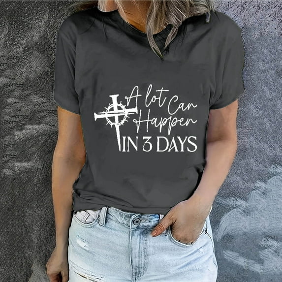 Babysbule Womens Summer Tops Easter Letter Printed Short Sleeved Casual Loose Top Short Sleeved Round Neck Top/shirt