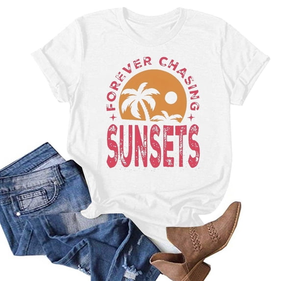 Babysbule Womens Summer Tops Summer Beach Printed T-shirt With Round Neck And Short Sleeved Top