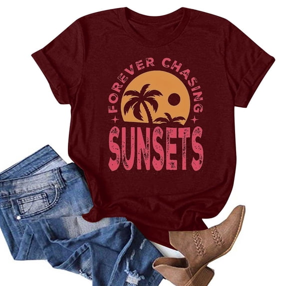 Babysbule Womens New Arrival Summer Tops Summer Beach Printed T-shirt With Round Neck And Short Sleeved Top