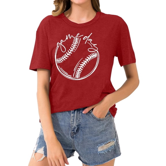 Babysbule Womens Summer Tops Women's Baseball Sport Printed T-shirt With Round Neck And Short Sleeved Top