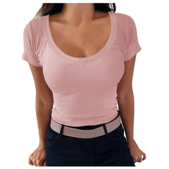Babysbule Womens New Arrival Summer Tops Women's Casual Solid Color Short-Sleeved U-Neck Top