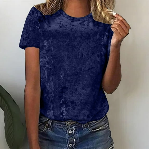 Babysbule Womens New Arrival Summer Tops Women's Crew Neck Velvet Tops Short Sleeve T-Shirt Casual Fashion Blouse