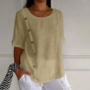 Babysbule Womens Summer Tops Womens Solid Cotton And Linen Button Design Half Sleeve Casual Shirt