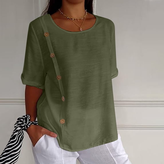 Babysbule Womens New Arrival Summer Tops Women's Solid Cotton And Linen Button Design Half Sleeve Casual Shirt