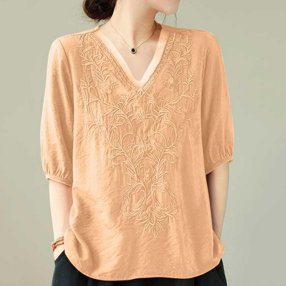 Babysbule Womens New Arrival Summer Tops Women's Summer Fashion Cropped Sleeves Round Neck Cotton Line Loose Shirt Blouse