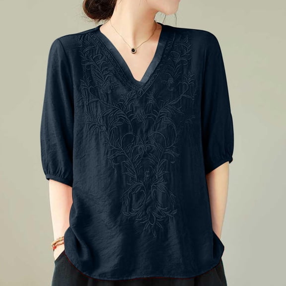 Babysbule Womens Summer Tops Women's Summer Fashion Cropped Sleeves Round Neck Cotton Line Loose Shirt Blouse