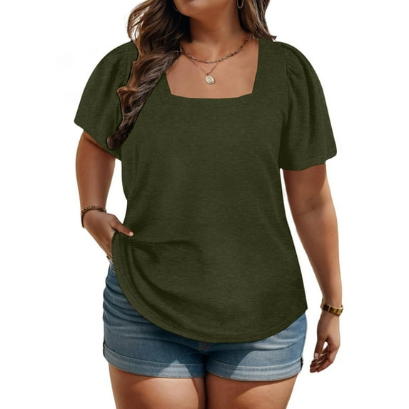 Babysbule Womens New Arrival Summer Tops Women's Summer Solid Color Plus Size Tops Puff Short Sleeve Loose Fashion Short Sleeve Round Neck Top XL-5XL