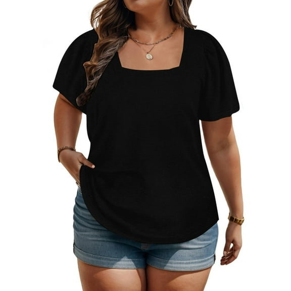 Babysbule Womens Summer Tops Women's Summer Solid Color Plus Size Tops Puff Short Sleeve Loose Fashion Short Sleeve Round Neck Top XL-5XL