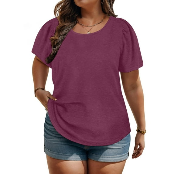 Babysbule Womens Summer Tops Women's Summer Solid Color Plus Size Tops Puff Short Sleeve Round Neck Loose Fashion Short Sleeve Round Neck Top XL-5XL